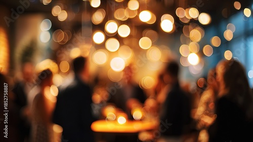 Blurred Evening Gathering: A vibrant atmosphere of a bustling social event, filled with blurred figures of people engaging in conversations under warm, inviting lights.