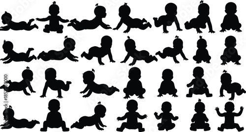 Set of baby silhouette vector illustrations showing infant development, crawling, sitting, and active poses for parenting, growth milestones, motherhood, and childcare designs.