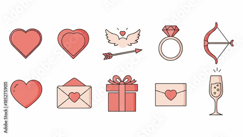 Valentine's Day icons collection featuring hearts, love symbols, and romantic elements in a clean vector illustration