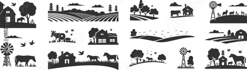 Rural farm landscape silhouettes, countryside agriculture scenery, barns windmills animals fields, cad drawing flat vector illustration