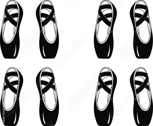Set of black ballet flats with elastic cross straps isolated on white, elegant dance shoes icons for fashion design, footwear vector illustration,