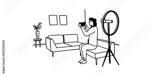 Young Entrepreneur Recording Content with Smartphone and Ring Light in Home Studio