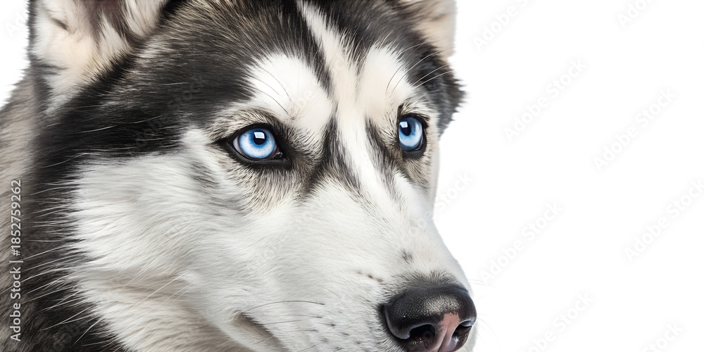 Fototapeta premium Close-up portrait of a Siberian husky head with blue eyes looking at the camera. Detailed realistic dog face isolated on transparent background.