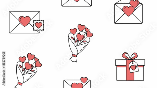 Valentine's Day illustration featuring envelopes with hearts and bouquets on a white background