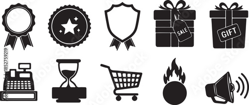 Collection of 8 black icons isolated on transparent background