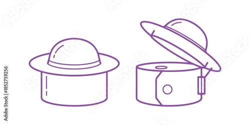 Round Carton Package Icon for Cake Hat. Pictogram of Open and Closed Packaging. Box for Shipping.