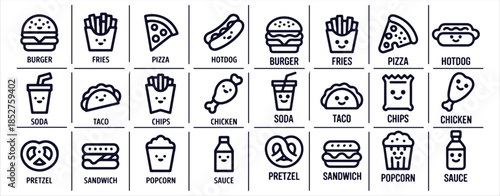 Fast food and snacks line icons set burger fries pizza hotdog soda taco chicken pretzel sandwich popcorn sauce