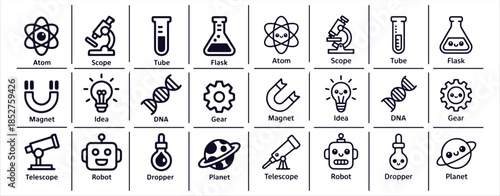 Science education and chemistry line icons set atom microscope tube flask robot planet gear dropper idea DNA