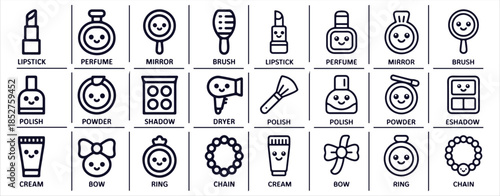 Makeup and cosmetics beauty essential tools line icon set includes lipstick perfume mirror brush nail polish powder