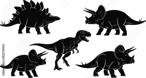 Set of dinosaur silhouettes including Tyrannosaurus Rex, Stegosaurus, and Triceratops icons, prehistoric animal vector collection for logo design, educational posters, and creative projects.
