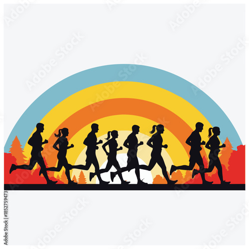 Silhouettes of diverse runners in a race vibrant colorful background ideal for health and fitn