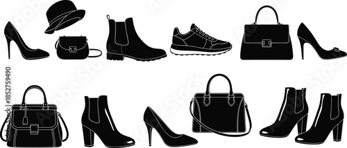 Set of fashion accessories silhouettes including elegant high heel shoes, leather handbags, stylish boots, casual sneakers, and a classic hat for female apparel,