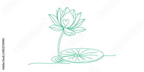 continuous line drawing of a lotus. It reflects the ideas of beauty, nature, and love. The ecology of aquatic plants is part of this. A water lily flower is illustrated in a single outline sketch.