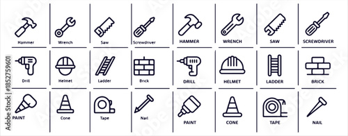 Construction and home improvement tool kit outline icons collection repair instruments protective gear equipment