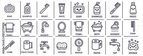 Bathroom hygiene essentials set outline icons collection personal care elements bathtub faucet mirror sponge paper