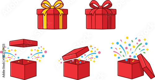 Gift box opening illustration set, surprise present with confetti celebration concept, colorful festive packaging design, cad drawing flat vector illustration