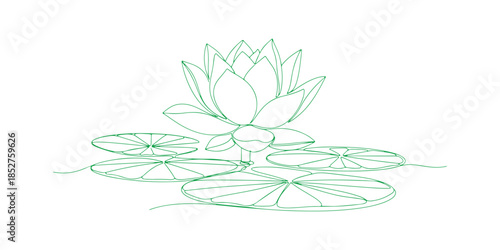 line drawing featuring a lotus. It represents beauty, nature, and love. The ecology of aquatic plants is captured here. A hand-drawn design of a water lily flower in one outline sketch. Vector