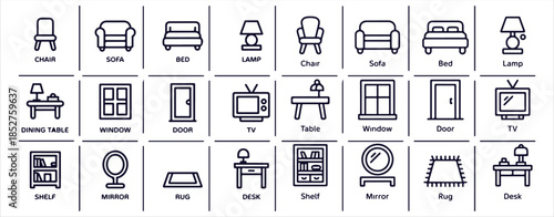 Furniture home house items line icons set with chair sofa bed lamp table window door tv shelf mirror