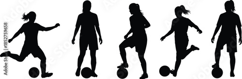 Set of female soccer player silhouettes in different poses kicking ball, dribbling, standing, and playing football isolated on white background for sports design