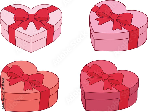 Heart shaped gift box illustration set, romantic present packaging with ribbon bow, love celebration concept, cad drawing flat vector illustration
