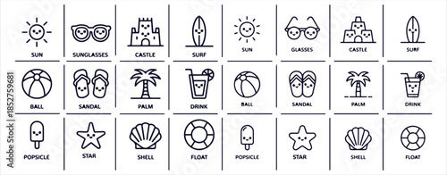 Summer vacation and beach holiday outline icons set travel leisure tropical activities and relaxation elements