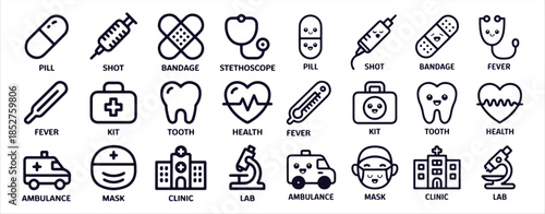 Medical healthcare kawaii line icon set emergency hospital clinic ambulance lab equipment cute collection