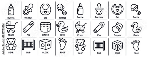 Baby newborn care accessories line icon set bottle pacifier bib rattle pram diaper crib bear collection