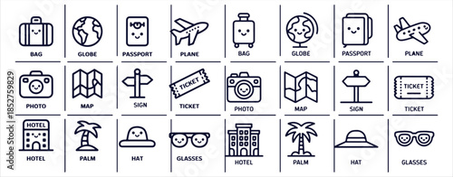 Travel and tourism set with outline icons of suitcase globe passport airplane map camera ticket and hotel