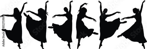 Ballet dancer silhouette collection, graceful female dance movement poses set, elegant performance art figures, cad drawing flat vector illustration