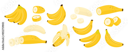 Fresh banana vector set with whole fruits, peeled bananas, slices and bunches. Flat style yellow bananas isolated on white background for food design, packaging and healthy nutrition illustration.
