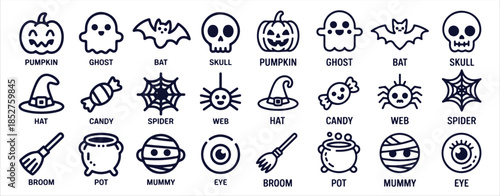 Halloween spooky characters set with outline icons of pumpkin ghost bat skull witch hat candy and mummy