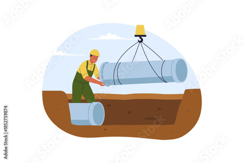 Illustration of Construction Workers Installing Underground Water Pipe System for City Infrastructure. Industrial Trench Excavation and Utility Maintenance Service Illustration