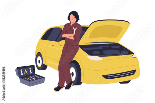 Illustration of Professional Female Mechanic Repairing Car Engine with Tool Box. Automotive Service and Vehicle Maintenance Workshop Industry Character Illustration