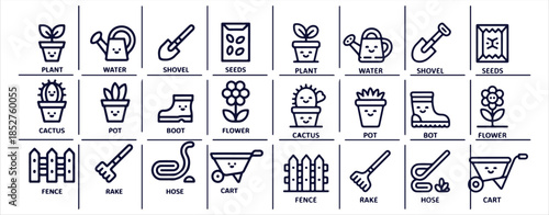 Gardening tools and plants line icons set isolated on white background collection of nature and farming essentials equipment