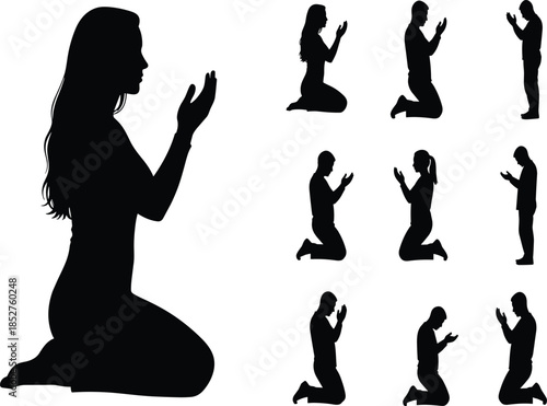 Set of silhouette vector illustrations showing people kneeling and standing in prayer and supplication, expressing faith, hope, and spiritual devotion to God,