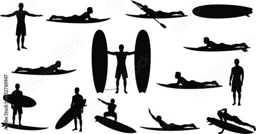 Set of surfer silhouettes with surfboards, men paddling, standing, and surfing in various poses, isolated vector graphics for summer sports and beach lifestyle design.