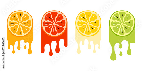 Citrus Fruit Set with Dripping. Hand-Drawn Lemon, Lime and Grapefruit