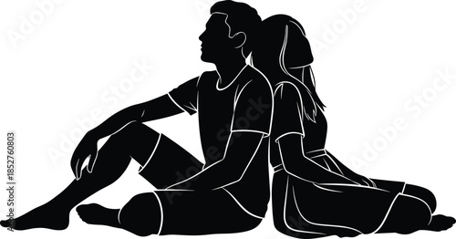 Silhouette of a young romantic couple sitting back to back on the ground, peaceful summer date, lovers relaxing together, minimalist vector illustration, evening sunset vibe.