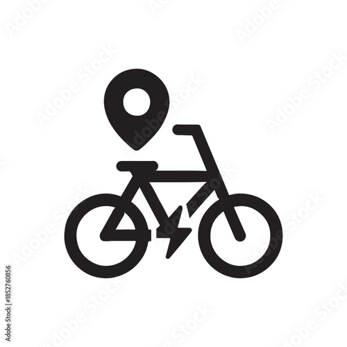 Silhouette Electric bike sharing system icon with location pin symbol for rental services and ecological urban transportation solution