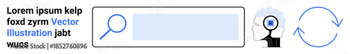 Data analysis, search functionality, renewal, digital focus, knowledge discovery, cognitive processes. Magnifying glass, head with focus point and arrow. Data analysis and search functionality