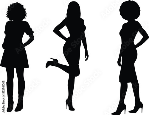 Silhouette of diverse women with curly and straight hair in fashionable dresses and high heel boots, isolated female figures for elegant lifestyle design,