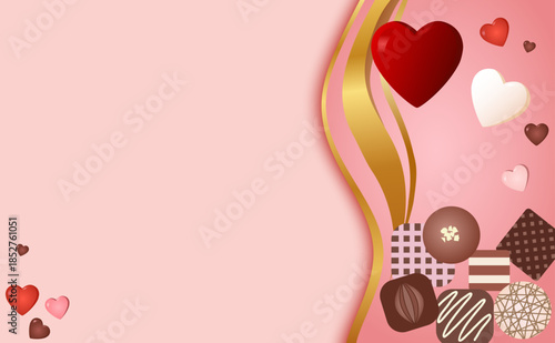 Valentine’s Day Background with Hearts and Chocolate, Pink Romantic Copy Space Illustration
