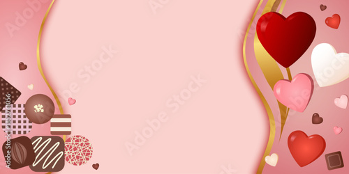 Valentine’s Day Background with Hearts and Chocolate, Pink Romantic Copy Space Illustration