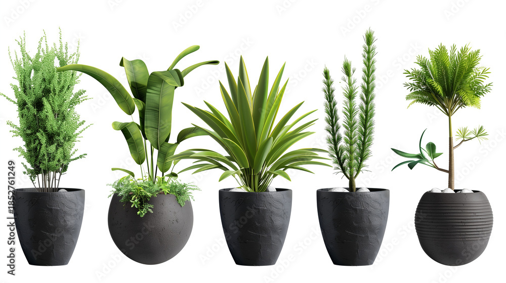 Fototapeta premium Five potted plants in dark gray pots isolated on a white studio background