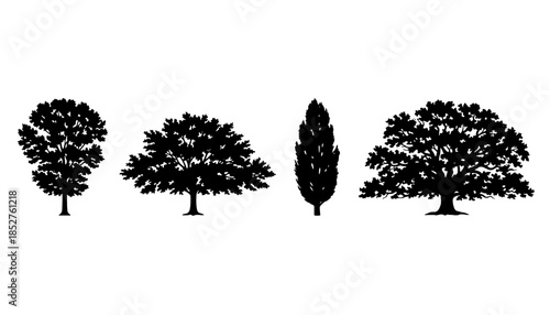 Deciduous Trees Silhouettes Architecture Set