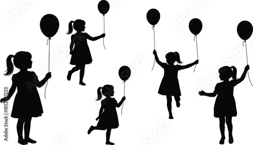 Silhouette of little girls holding balloons, group of children playing and running outdoors, childhood celebration vector, happy kids party birthday festive element illustration.