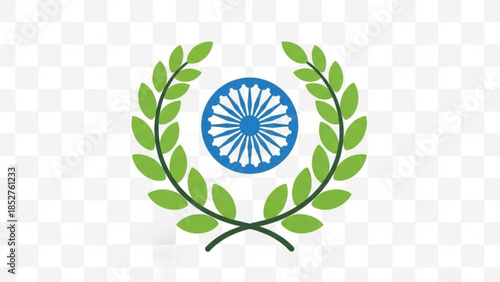 Green laurel wreath surrounding a blue Ashoka Chakra symbol representing peace and victory isolated on transparent backgro