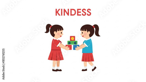 Two girls sharing building blocks illustrating kindness and friendship simple flat vector illustration for childrens conce
