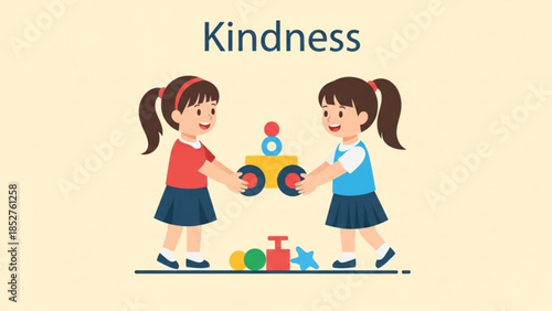 Two girls sharing toys concept of kindness and friendship illustration for childrens books and educational materials
