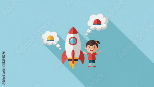 Child dreaming of space travel with a rocket and astronaut helmet flat vector illustration for kids concept